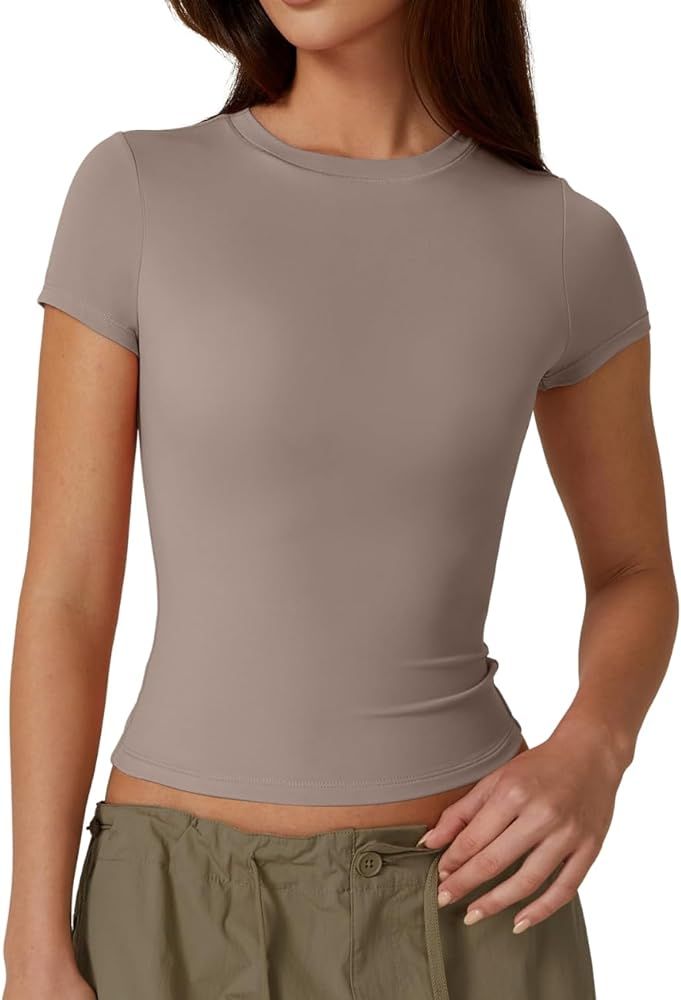 QINSEN Women's Crew Neck Short Sleeve Double-Layer Tops Basic Slim Fit Going Out T Shirt | Amazon (US)