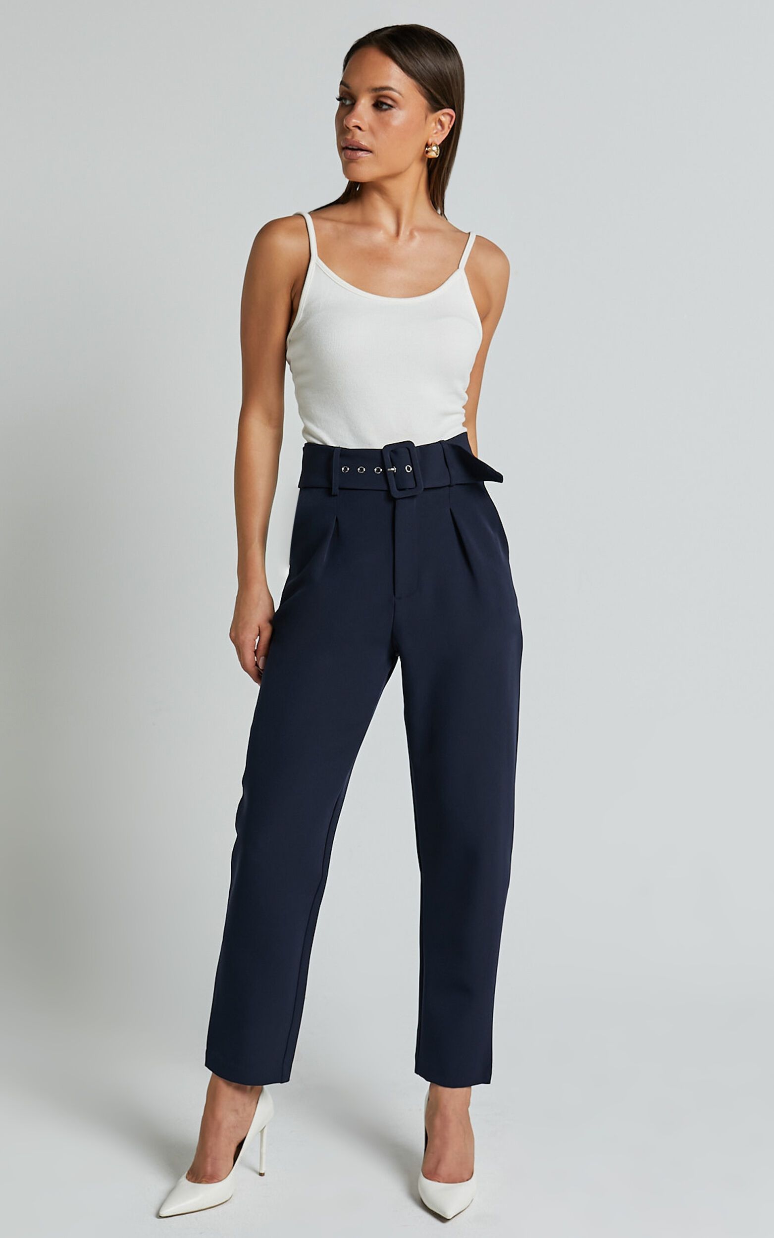 Milica Trousers - Belted High Waisted Trousers in Navy | Showpo (US, UK & Europe)