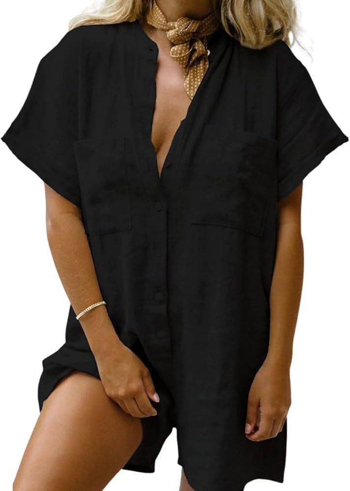 CHARTOU Women Summer Shorts Romper Button Down Wide Leg Cotton Linen Shortalls Jumpsuit | Amazon (US)