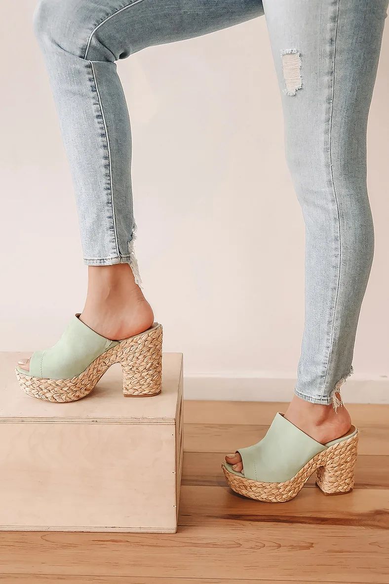 Ervyn Mint Green Suede Raffia Platform Slide Sandals | Lulus (US)