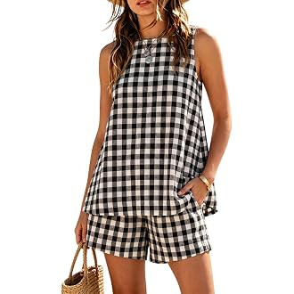 Women's Oversized Gingham 2 Piece Set Crewneck Sleeveless A-Line Top and Relaxed Shorts with Pock... | Amazon (US)