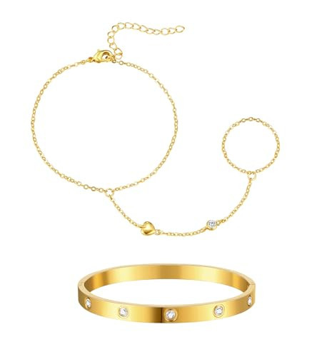 doubgood Gold Bracelets for Women, Hand Chain Ring Bracelet Stack 18K Gold Plated Stretch Hand Jewelry Gifts for Women | Amazon (US)