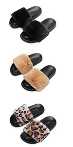 Spesoul Womens Furry Slippers Open Toe Indoor Outdoor House Casual Flat Slides Sandals | Amazon (US)