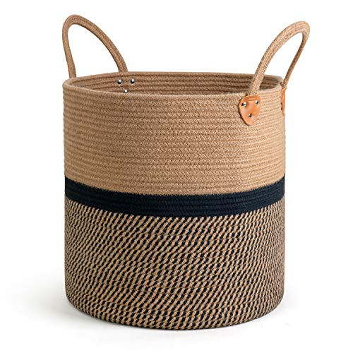 CHICVITA Extra Large Jute Woven Storage Basket with Handles – Laundry Basket Toy Towels Blanket Basket Home Decor Gift, 16" x 16", Black | Amazon (US)