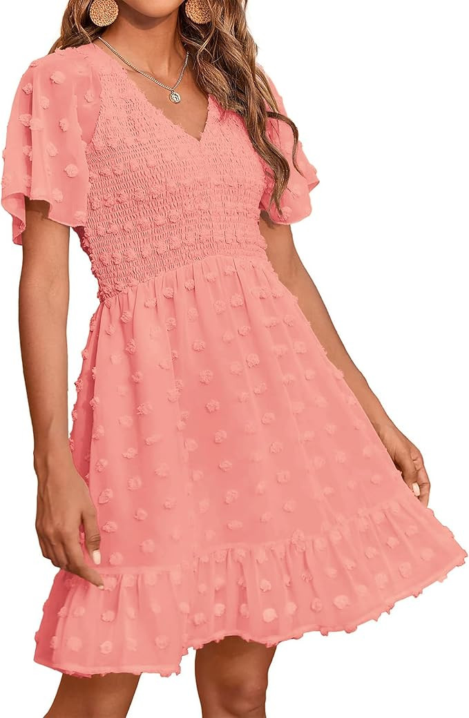 BTFBM Womens Beach Vacation Dress Summer 2026 V Neck Short Sleeve Smocked Swiss Dot Ruffle Casual... | Amazon (US)