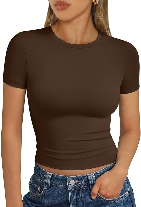 Trendy Queen Womens Short Sleeve T Shirts - Buttery Soft Summer Crop Tops Slim Fit Y2k Basic Tees... | Amazon (US)