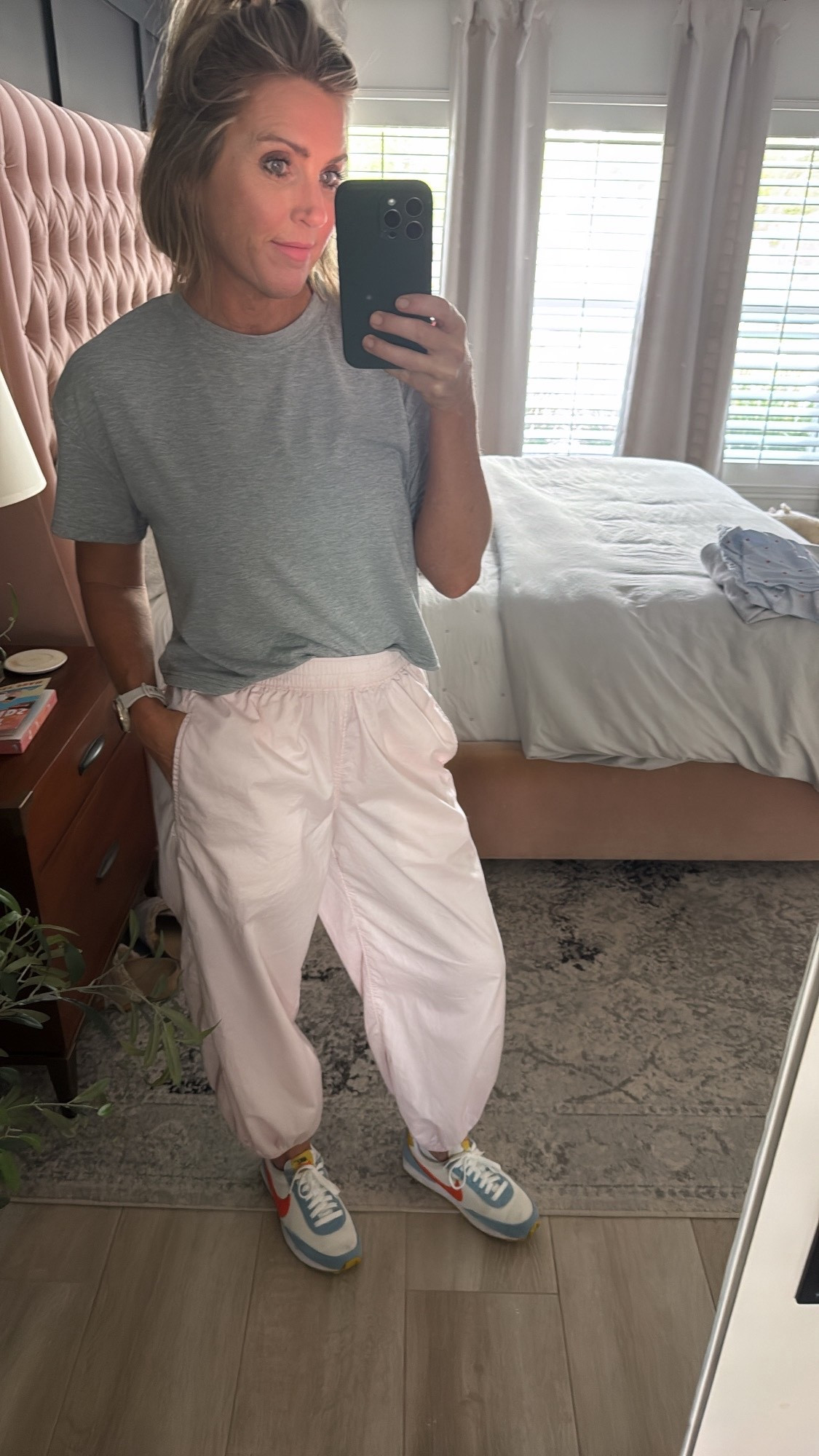 Wearing a medium in the pants and top. Can’t find these shoes in this color but linking another option and a pair that’s currently in my shopping cart. I have this tshirt in 6 colors. It’s the perfect weight and length  
