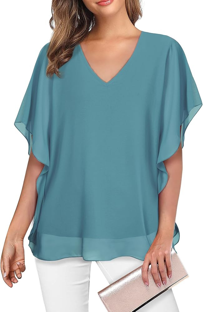 Lotusmile Women's Loose Flouncing Flutter Sleeve Double-Layered Shirt Chiffon Elegant Dressy Blou... | Amazon (US)