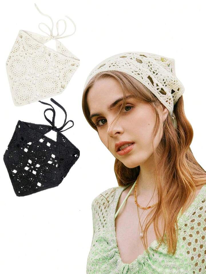 Diadema de bandana de flor tejida con corbata lisa para mujeres, bandana de pelo de ganchillo flo... | SHEIN