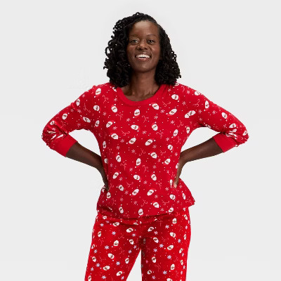 Women's Santa Print Ribbed Long Sleeve Holiday Matching Family Pajama Shirt - Wondershop™ Red | Target