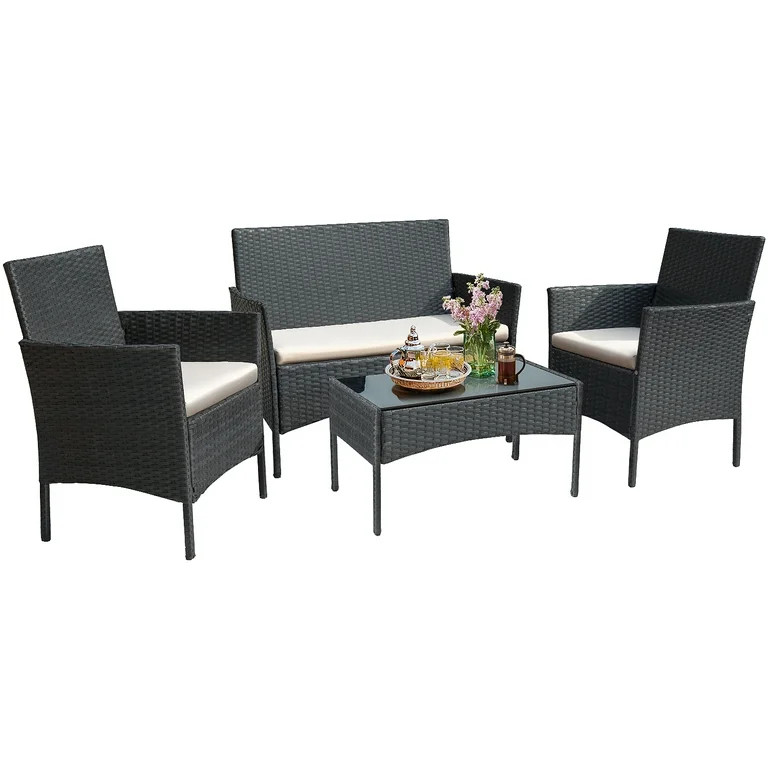 Lacoo 4 Piece Outdoor Patio Furniture PE Rattan Wicker Table and Chairs Set, Beige | Walmart (US)