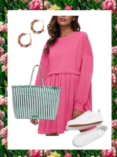 Pink pleated sweatshirt dress, white sneakers, tote bag 

#LTKOver40 #LTKFindsUnder100 #LTKFindsUnder50