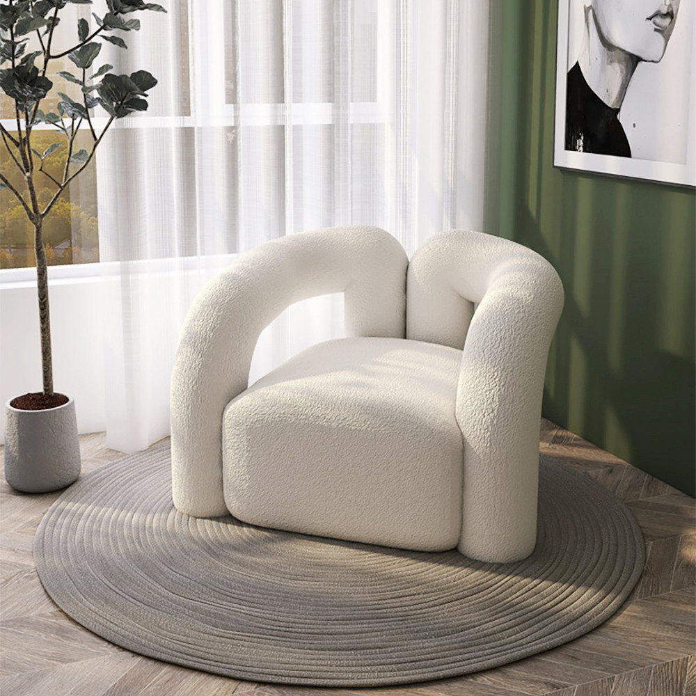 Japandi White Boucle Accent Chair Shaggy Armchair for Living Room | Homary
