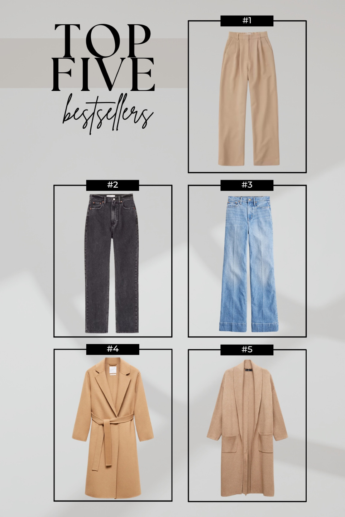 This week’s top bestsellers

• Abercrombie Sloane Tailored Pant - available in 13 colors & different inseams, tts
• Abercrombie Straight Ankle Jeans 
• J.Crew Denim Trousers 
• MANGO camel coat, I wear xs 
• MANGO cardigan, oversized, I wear xs 

#LTKfindsunder100 #LTKsalealert #LTKSeasonal