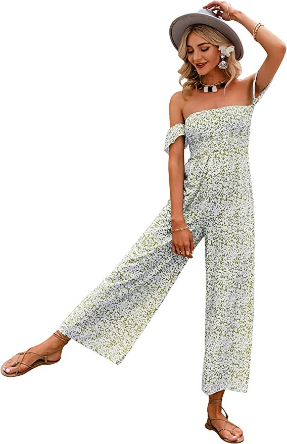 Amegoya Women's Sexy Off Shoulder Floral Print Romper Casual Drawstring Wide Leg Pants Jumpsuits | Amazon (US)