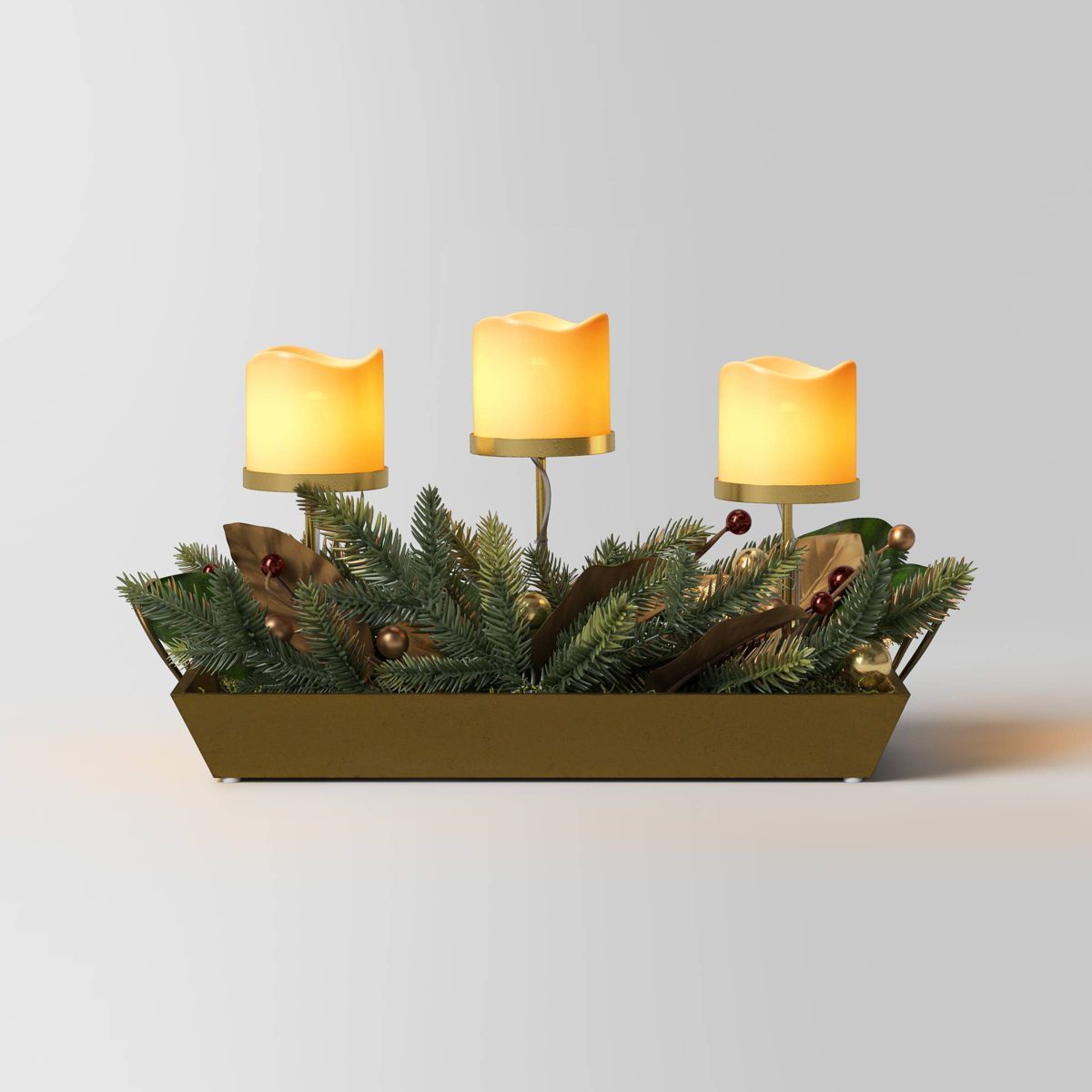 Battery Operated Flameless Pillar Candle and Candle Holder in Gold Tray with Faux Christmas Green... | Target