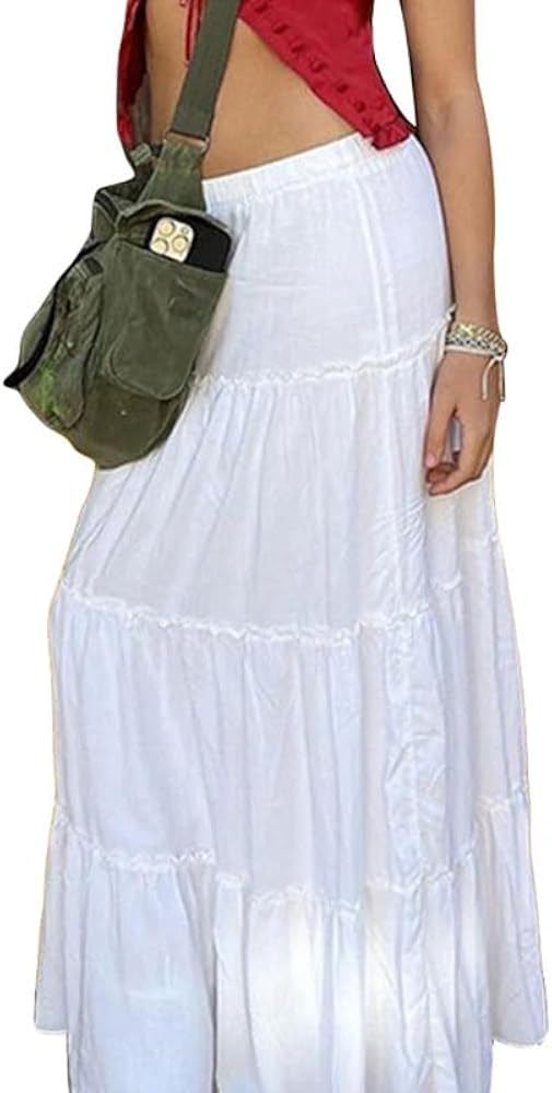 Y2k Ruffle Long Skirt for Women Elastic Waist Drawstring Maxi Midi Skirt Flowy A-Line Tiered Skir... | Amazon (US)