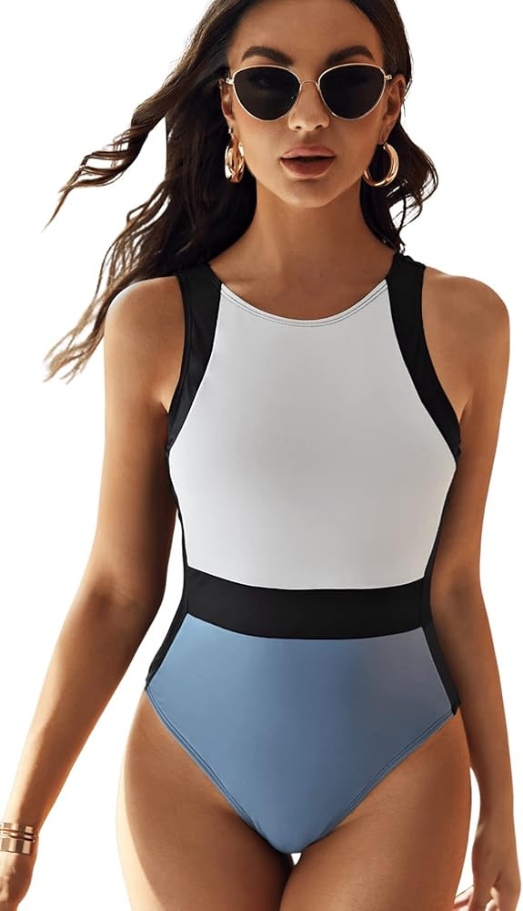 Floerns Women's Bathing Suit Color Block Scoop Neck Monokini One Piece Swimsuit | Amazon (US)