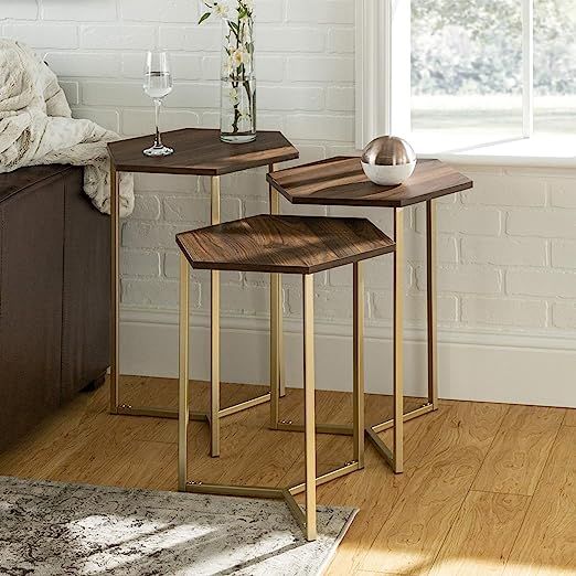 WE Furniture Modern Hexagon Nesting Side End Table Set Living Room, Set Of 3, Walnut Brown, Gold | Amazon (US)