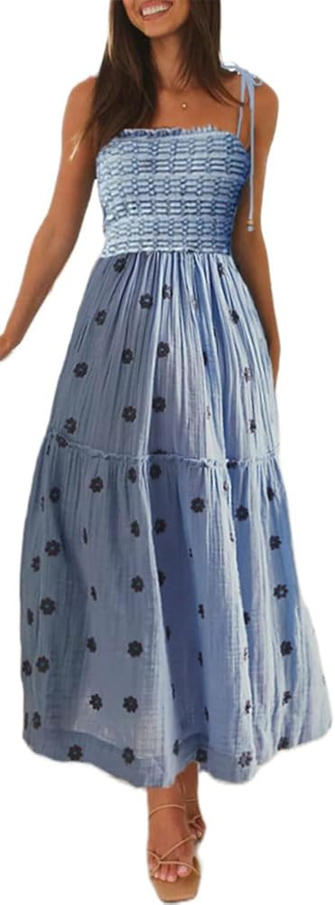 Womens Boho Long Summer Dresses Casual Beach Vacation Sun Dress Spaghetti Strap Flowy Embroidered... | Amazon (US)
