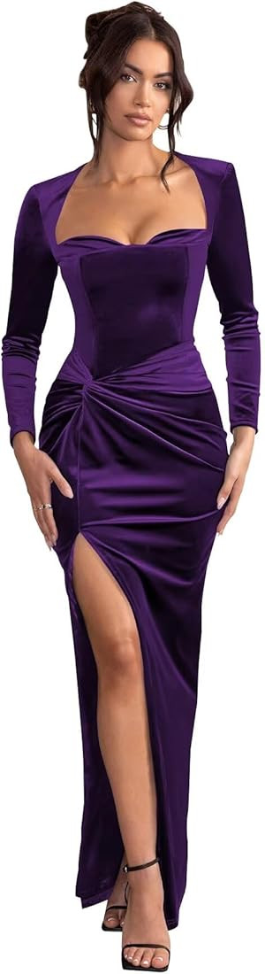 Long Sleeve Bridesmaid Dress 2025 High Split Velvet Maxi Formal Evening Dress VS115 | Amazon (US)