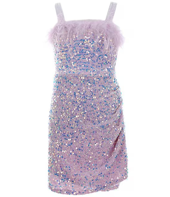 Big Girls 7-16 Plume-Trim Stretch Sequin Dress | Dillard's