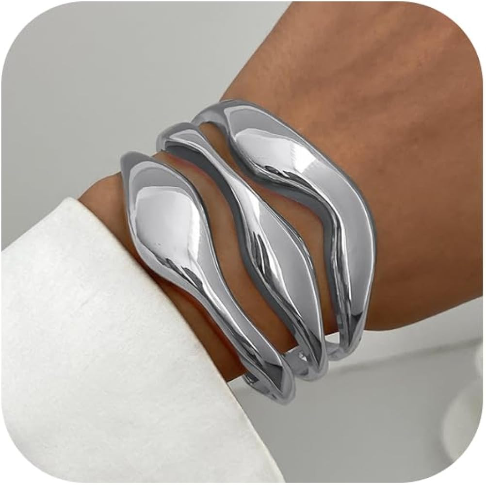 Salircon Gold Bangle Bracelets for Women Gold Wide Chunky Cuff Bracelets Trendy Open Wide Chunky ... | Amazon (US)