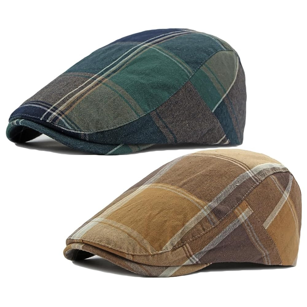 2 Pack Men's Newsboy Flat Cap Adjustable Plaid Ivy Gatsby Cabbie Driving Golf Hat Beret | Amazon (US)