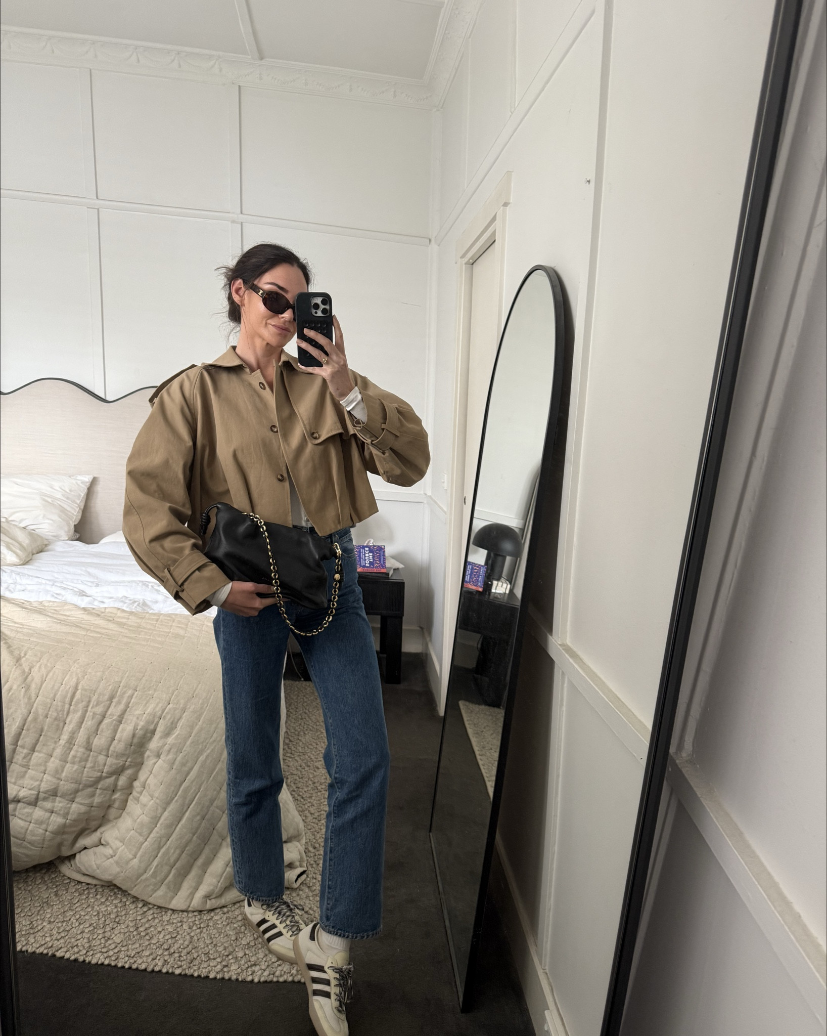 Casual ootd 

Henne cropped trench jacket 
Slvrlake high rise straight leg Jean in indigo denim 
Off white sambas 
Celine sunglasses 
Loewe black leather bag with gold detailing 

#LTKaustralia #LTKspring