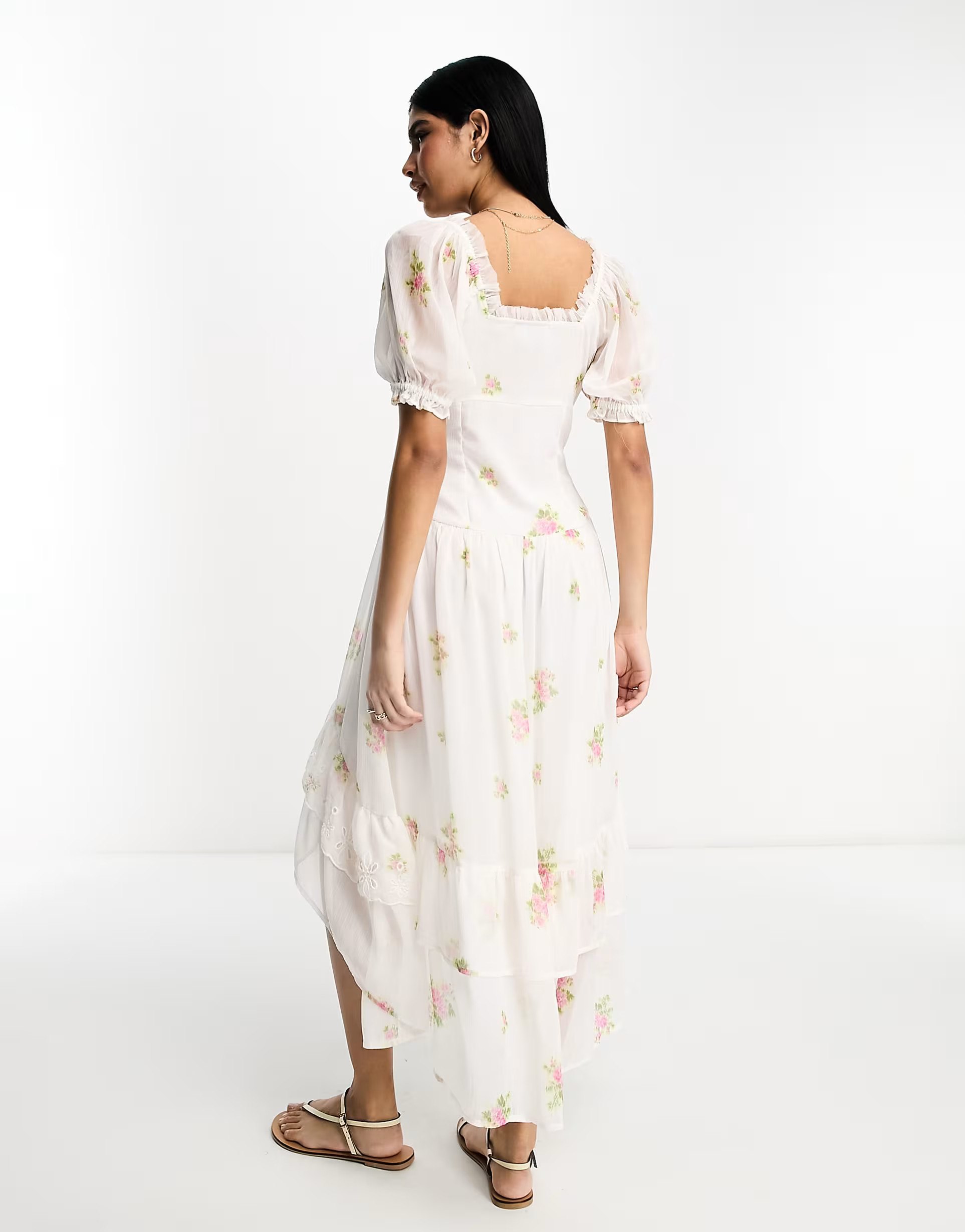 ASOS DESIGN button through hi low hem dress with broderie frill detail in pink floral print | ASO... | ASOS (Global)