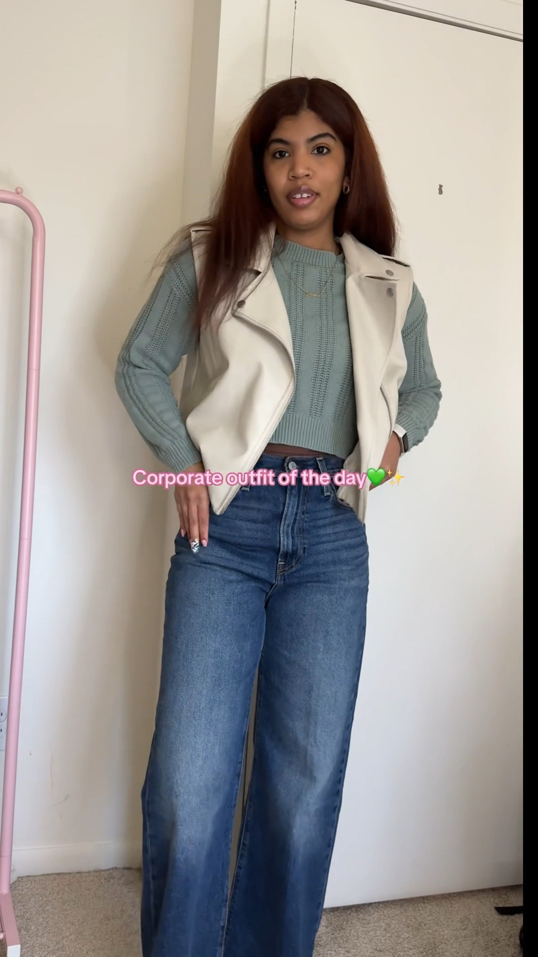 Outfit of the day! A casual corporate outfit featuring a moto vest, high waisted Levi’s and a cropped Aeropostale sweater

#LTKStyleTip #LTKSpringSale #LTKWorkwear
