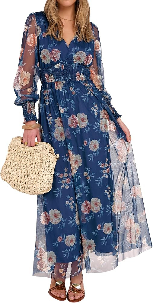 ANRABESS Women's Floral Maxi Dress 2025 Fall V Neck Puff Long Sleeve Flowy Casual Wedding Guest T... | Amazon (US)