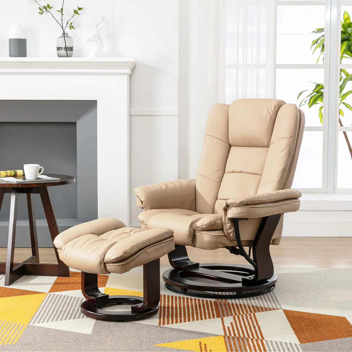 32" Contemporary Leather Recliner and Ottoman with Swiveling Mahogany Wood Base | Wayfair North America
