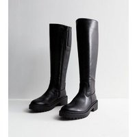 Black Leather-Look Chunky Knee High Boots New Look Vegan | New Look (UK)