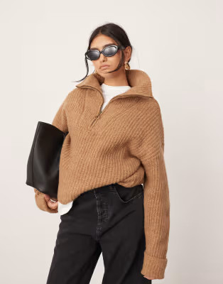 ASOS EDITION rib knit half zip jumper in camel | ASOS | ASOS (Global)