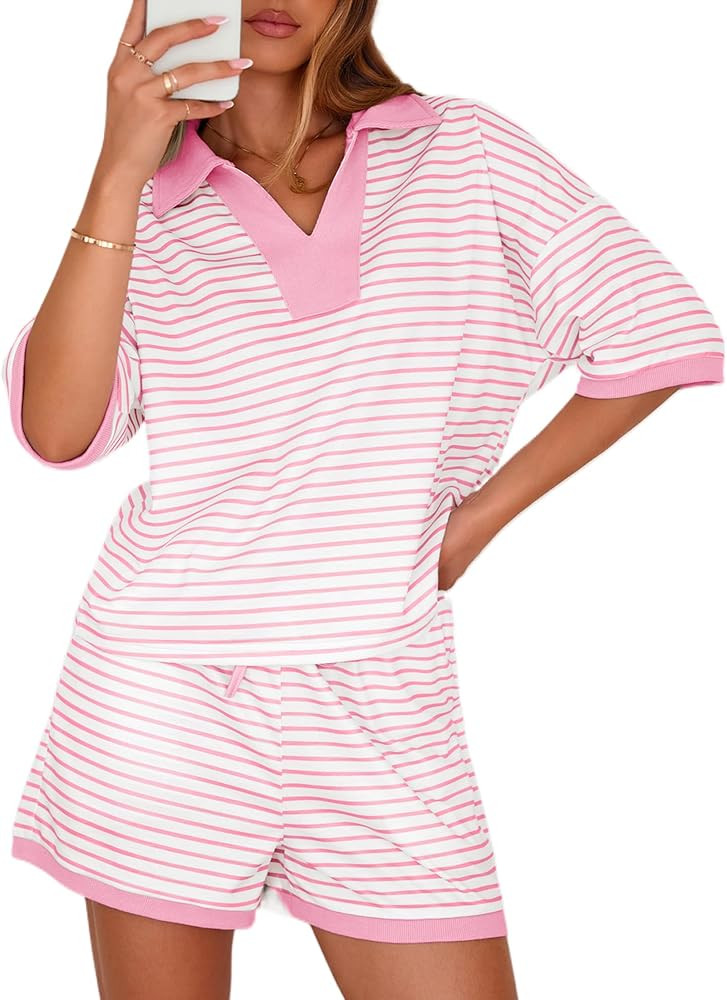 Amazon.com: PJFPJF Two Piece Sets for Women 2026 Summer Lounge Short Sets Striped Lapel V Neck Ca... | Amazon (US)
