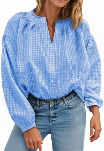Cicy Bell Womens Puff Long Sleeve Blouse Gingham Pleated V Neck Button Down Shirts Loose Fit Dres... | Amazon (US)