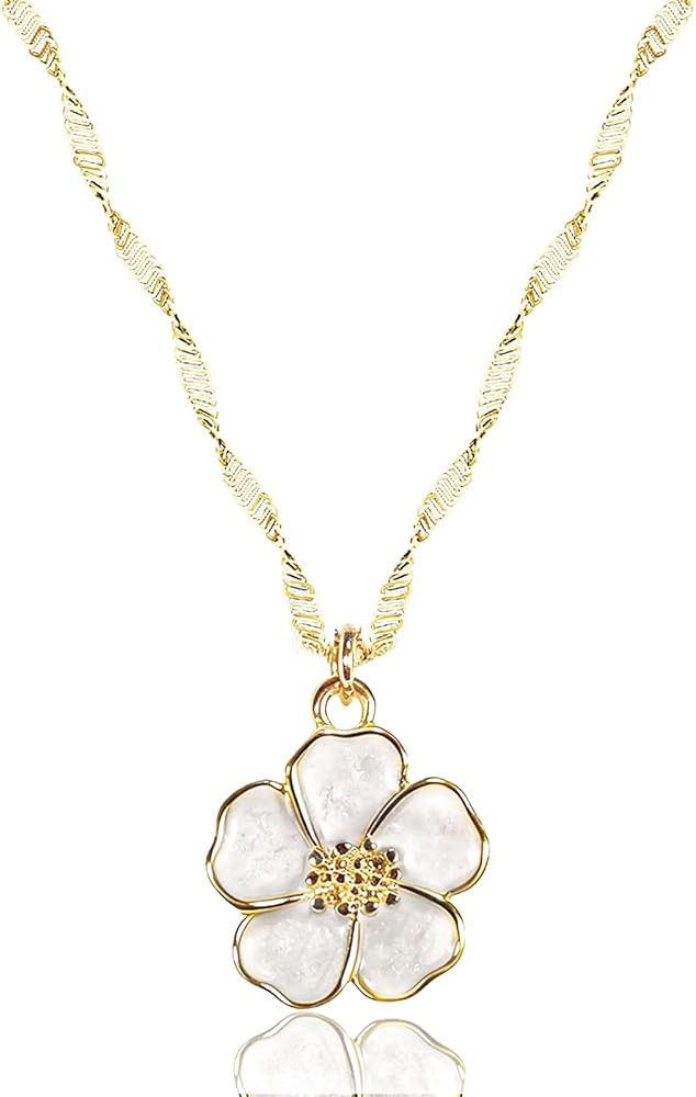 CROVTE Gold Necklace for Women, Dainty White Enamel Sakura Flower Cherry Blossom Pendant, 18K Gol... | Amazon (US)