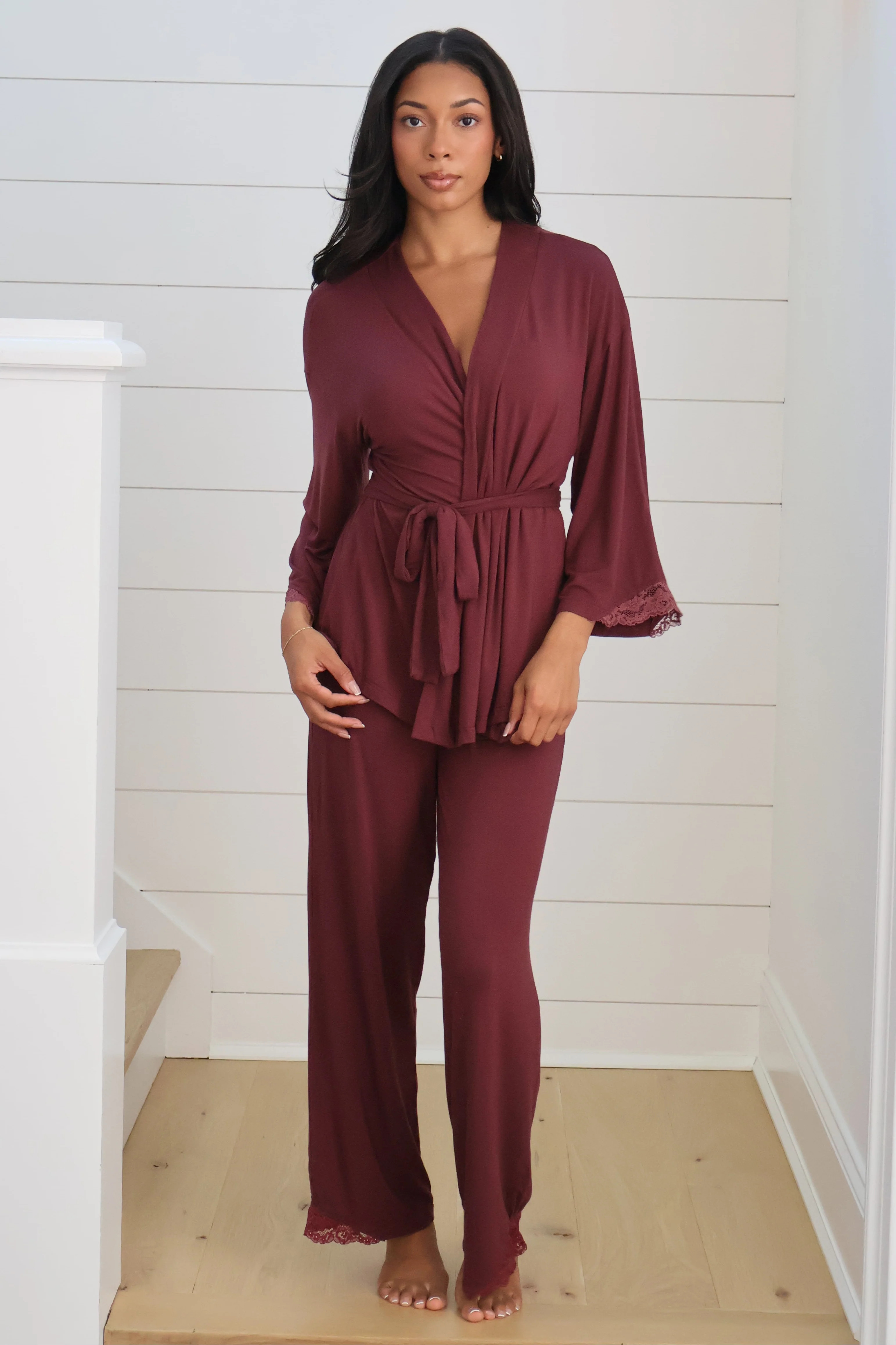 Riley Kimono Bamboo Pajama Set in Merlot | waverles