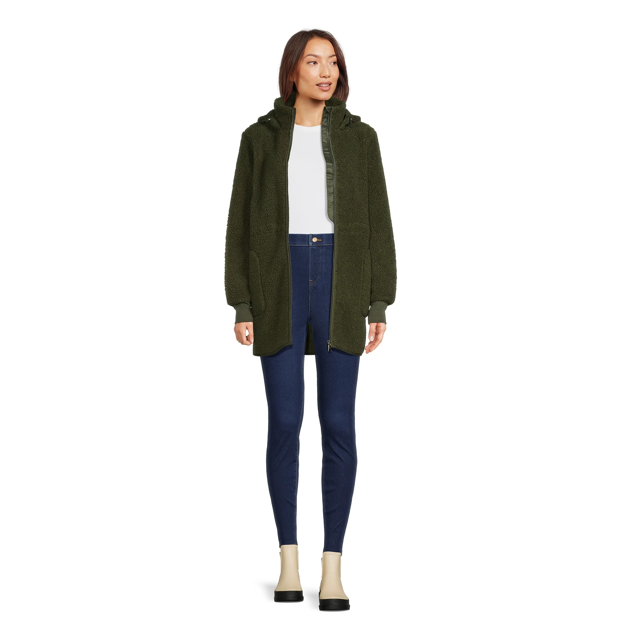 Time and Tru Women’s Faux Sherpa Jacket with Hood, Sizes S-2X - Walmart.com | Walmart (US)