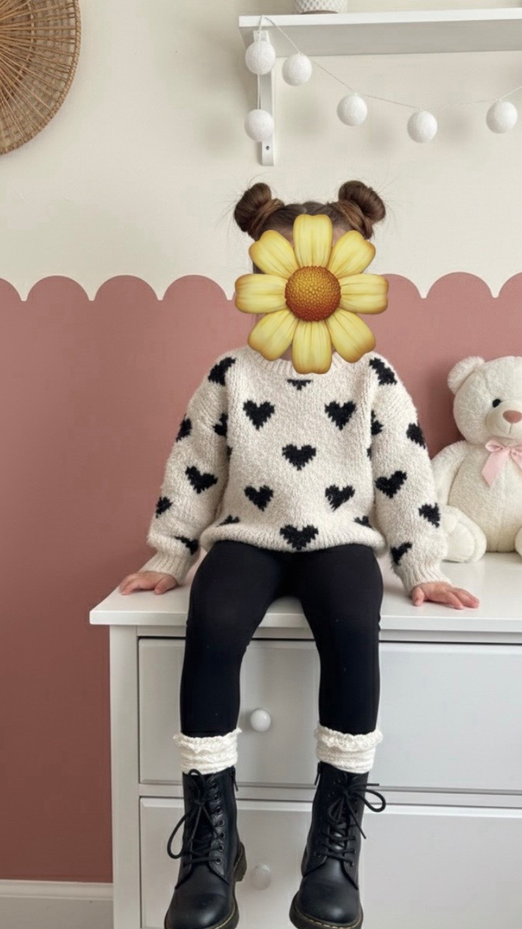 Cozy Chic Toddler Style! 🖤 This adorable look is perfect for playdates or holiday photos. We are obsessed with this chunky knit heart sweater—it's so soft and stylish! Paired with classic black leggings and these mini combat boots, it’s a total winner. Don't forget the scrunchy white socks for that extra touch of texture! Tap to shop all the details for the little trendsetter in your life! 

#LTKSeasonal #LTKootd #LTKKids