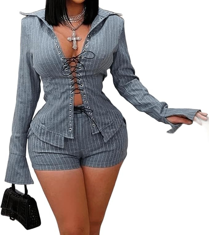 Club Outfits for Women 2 Piece Sets Sexy Stripe Strap Large Lapel Mini Shorts Sets Sexy Club Outf... | Amazon (US)