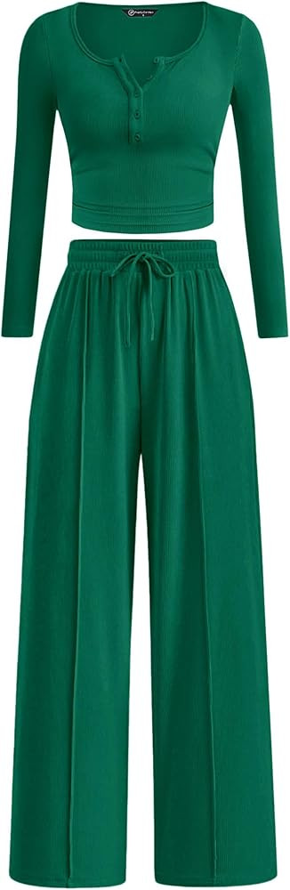 PRETTYGARDEN Women's 2026 Fall Trendy 2 Piece Outfits Lounge Sets Long Sleeve Top Henley Shirts W... | Amazon (US)