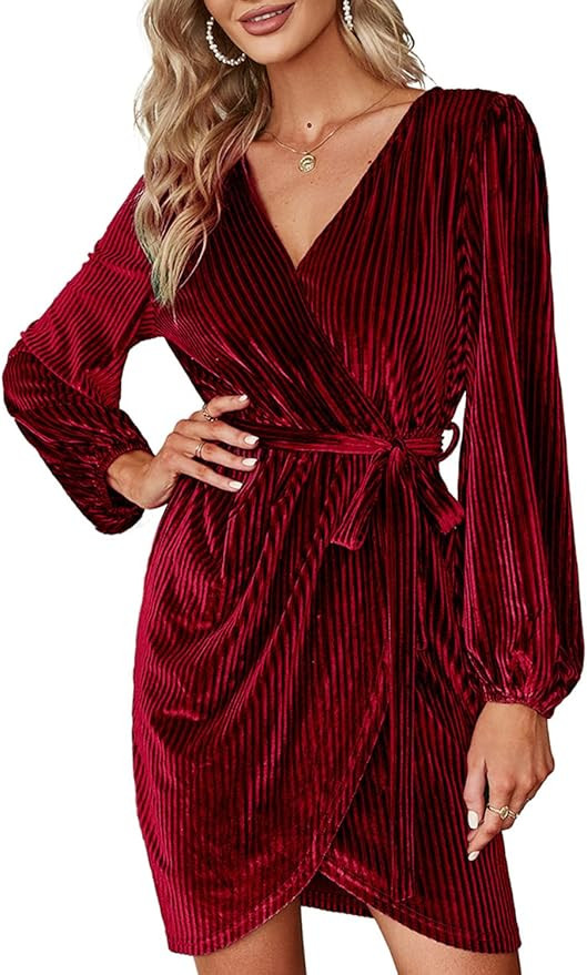 BerryGo Women's Long Sleeve Wrap Semi Formal Velvet Mini Dress Sexy Cocktail Party Winter Club Dr... | Amazon (US)