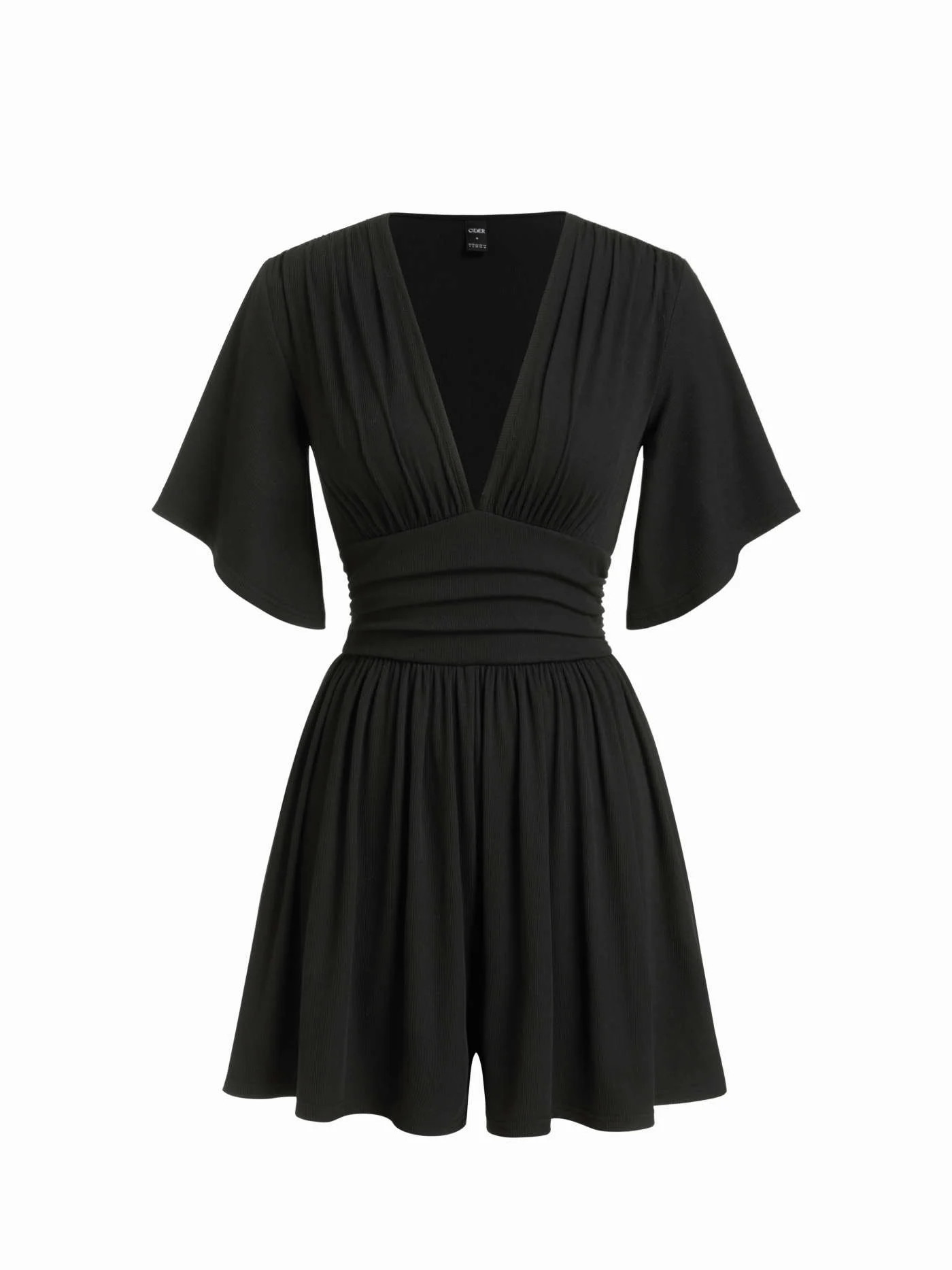 Textured V-neck Ruched Mid Rise Bell Sleeve Romper | Cider
