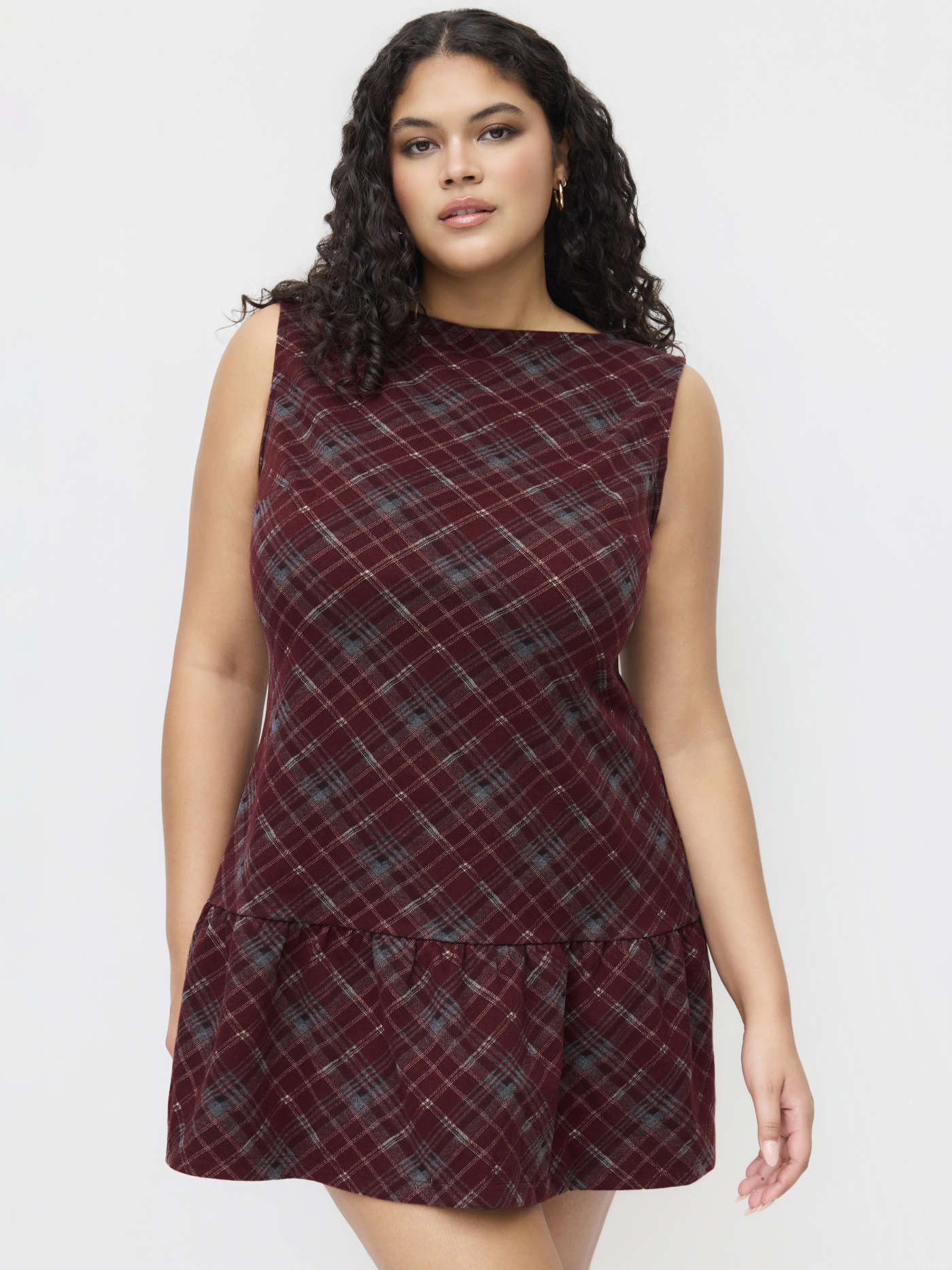 Wool-look Boat Neck Plaid Ruffle Hem Mini Dress Curve & Plus | Cider