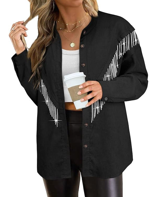 Women's Sparkly Rhinestone Fringe Shacket Jacket Waffle Glitter Tassel Shirt Western Cowgirl Coun... | Amazon (US)