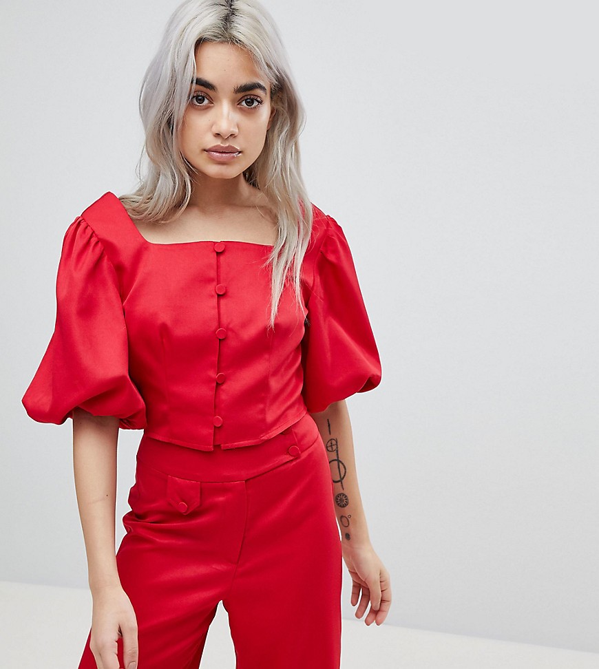 Fashion Union Petite Button Front Crop Top Co-Ord - Red | ASOS US