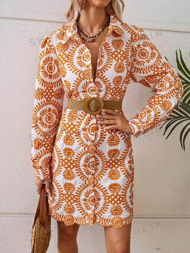 SHEIN VCAY Floral Embroidery Long Sleeve Shirt Dress For Women | SHEIN