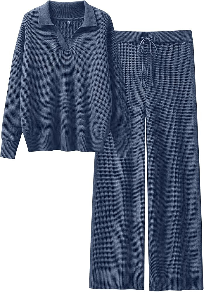 ANRABESS Women Two Piece Outfits Sweater Sets Lounge Waffle Knit Pullover Matching Wide Leg Pants... | Amazon (US)